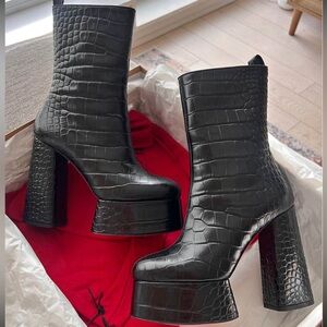 Christian Louboutin Black Croc-Embossed Platform Block Heel Ankle Boots izayeah